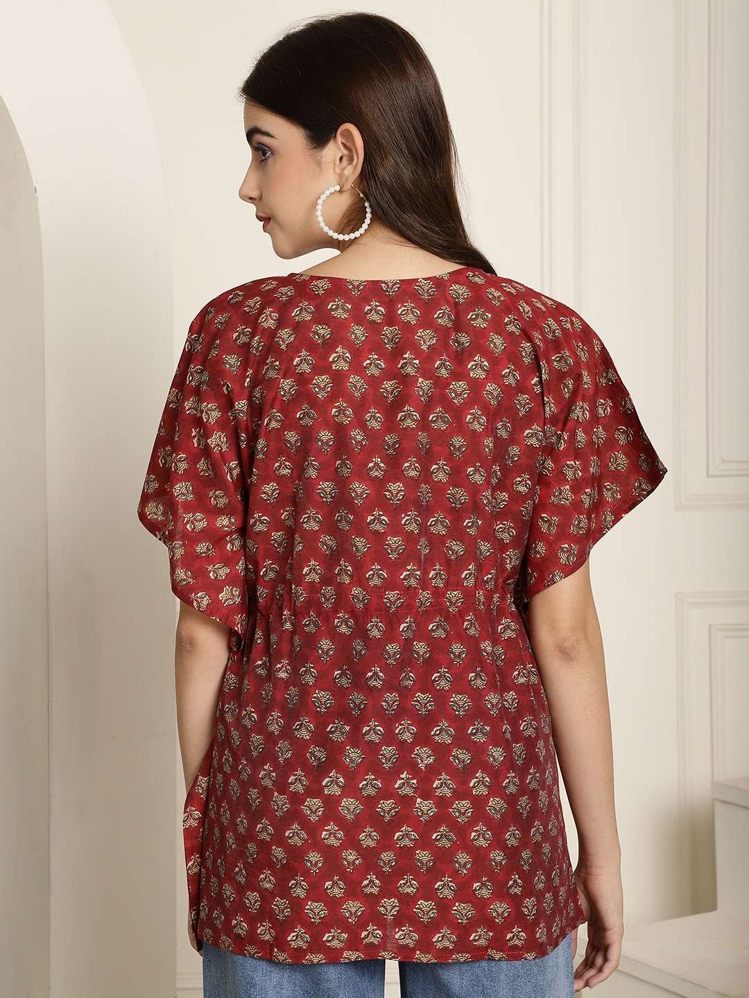 Women's Chanderi Printed Kaftan Top With Bell Sleeve Dress (Maroon)